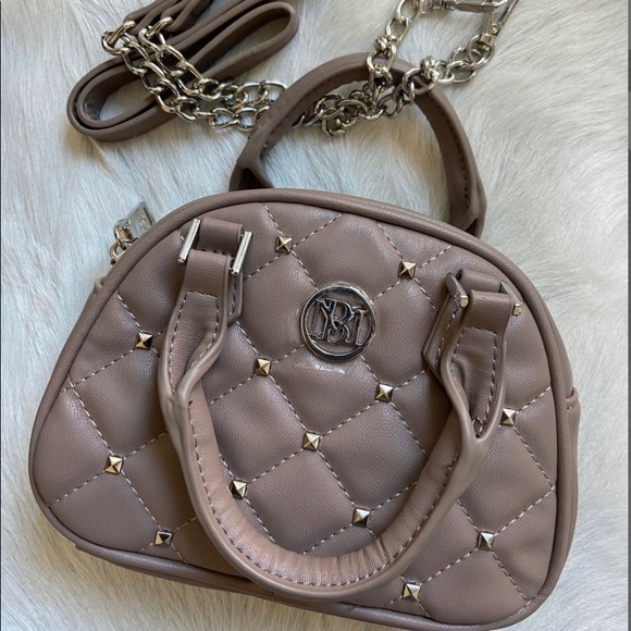 Badgley Mischka Handbags - Badgley Mischka Taupe Crossbody Mini Dome Bag with Studs,Diamond Quilted Satchel